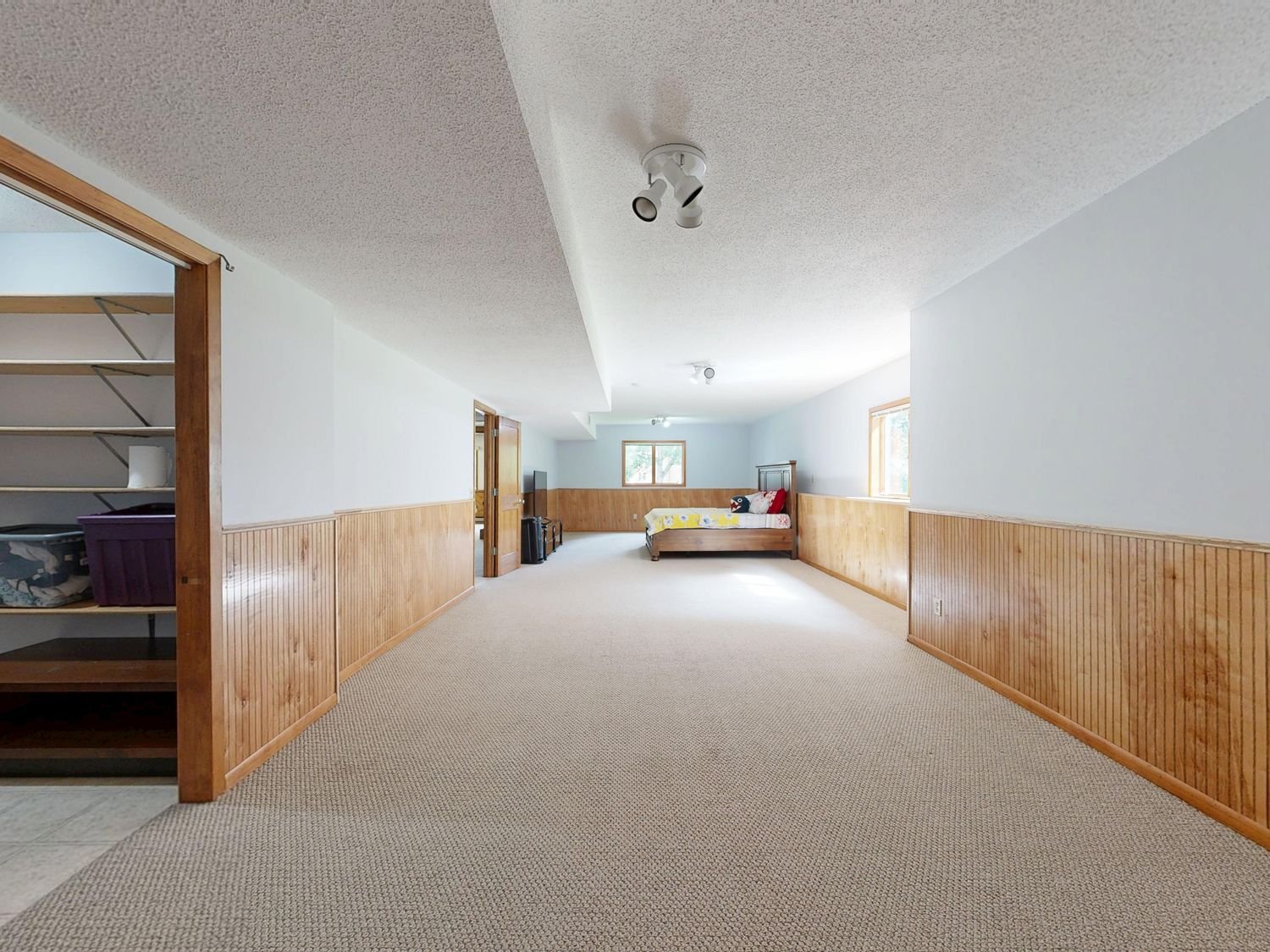 Basement room with wood panelling and carpet flooring